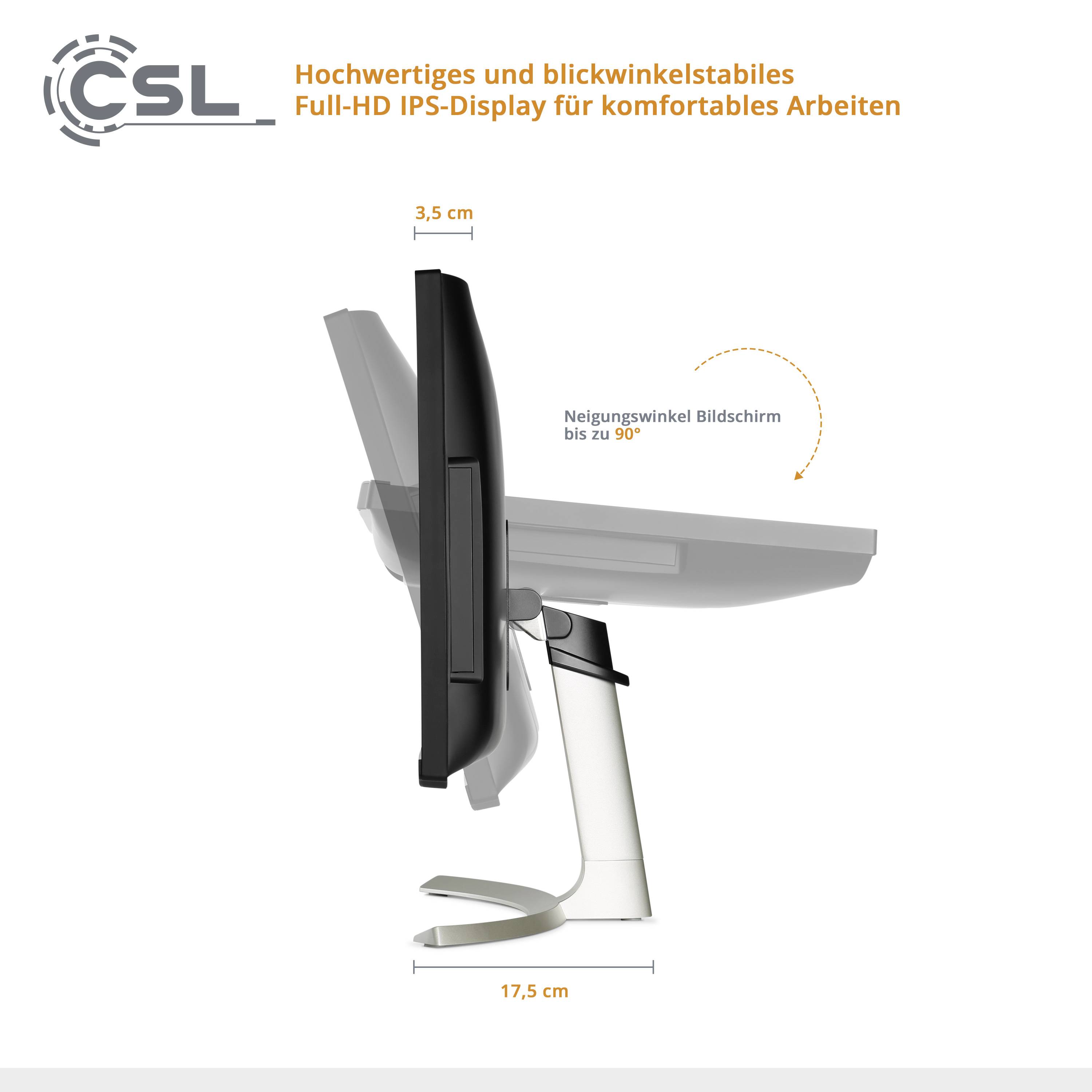 Side view of a monitor, 3.5 cm thick, adjustable up to 90°. High-quality, wide-viewing-angle Full HD IPS display for comfortable working.