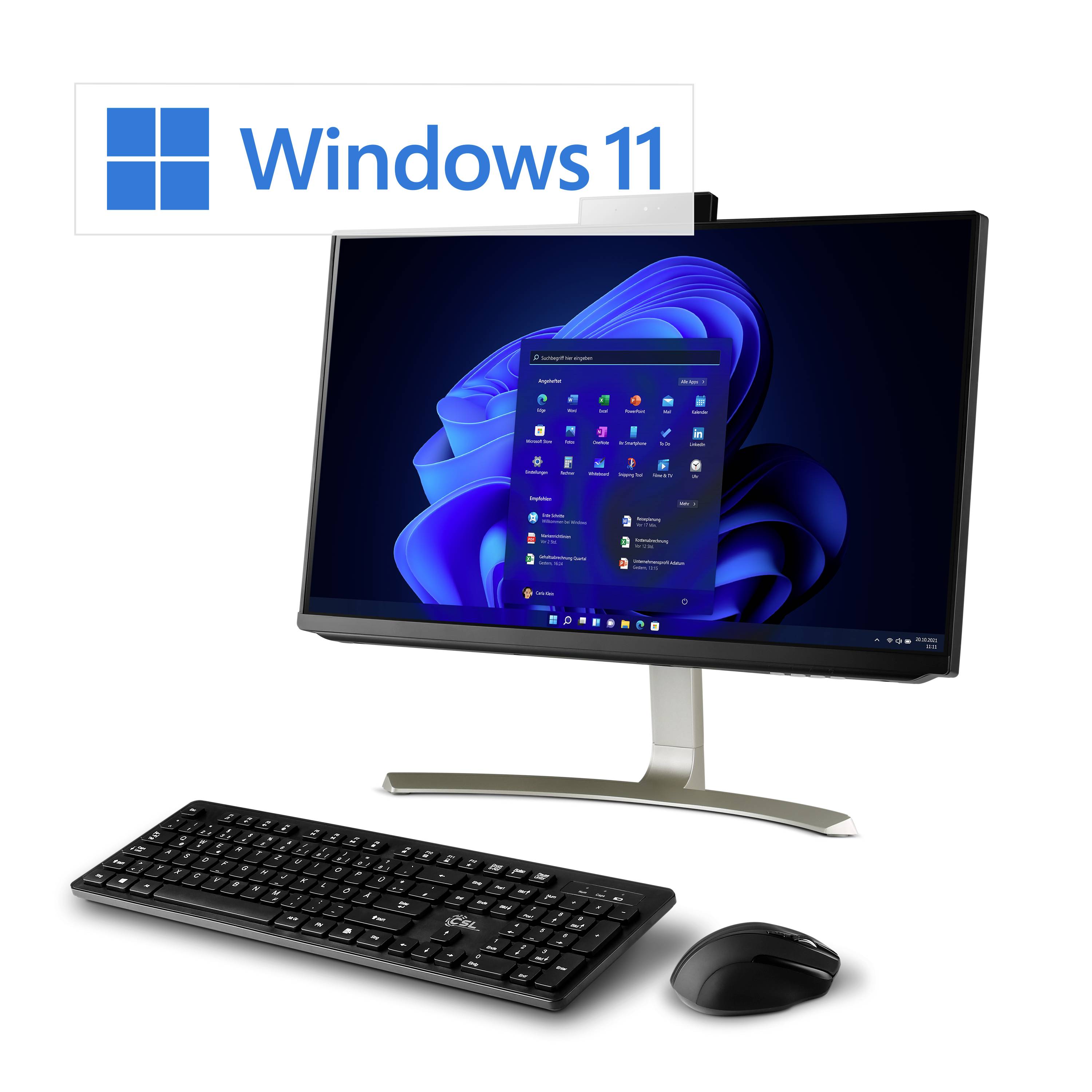 A monitor displays the Windows 11 start screen. A keyboard and mouse are positioned beside it. The Windows 11 logo is located in the top left corner.