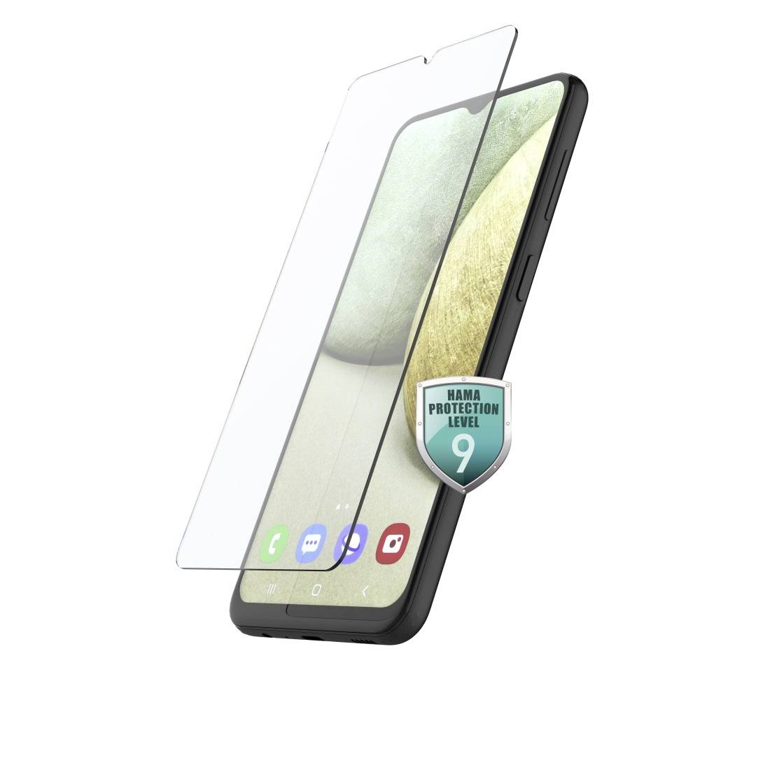 Smartphone with a screen protector displaying a protection level of 9. The screen shows apps and has a teardrop-shaped notch.