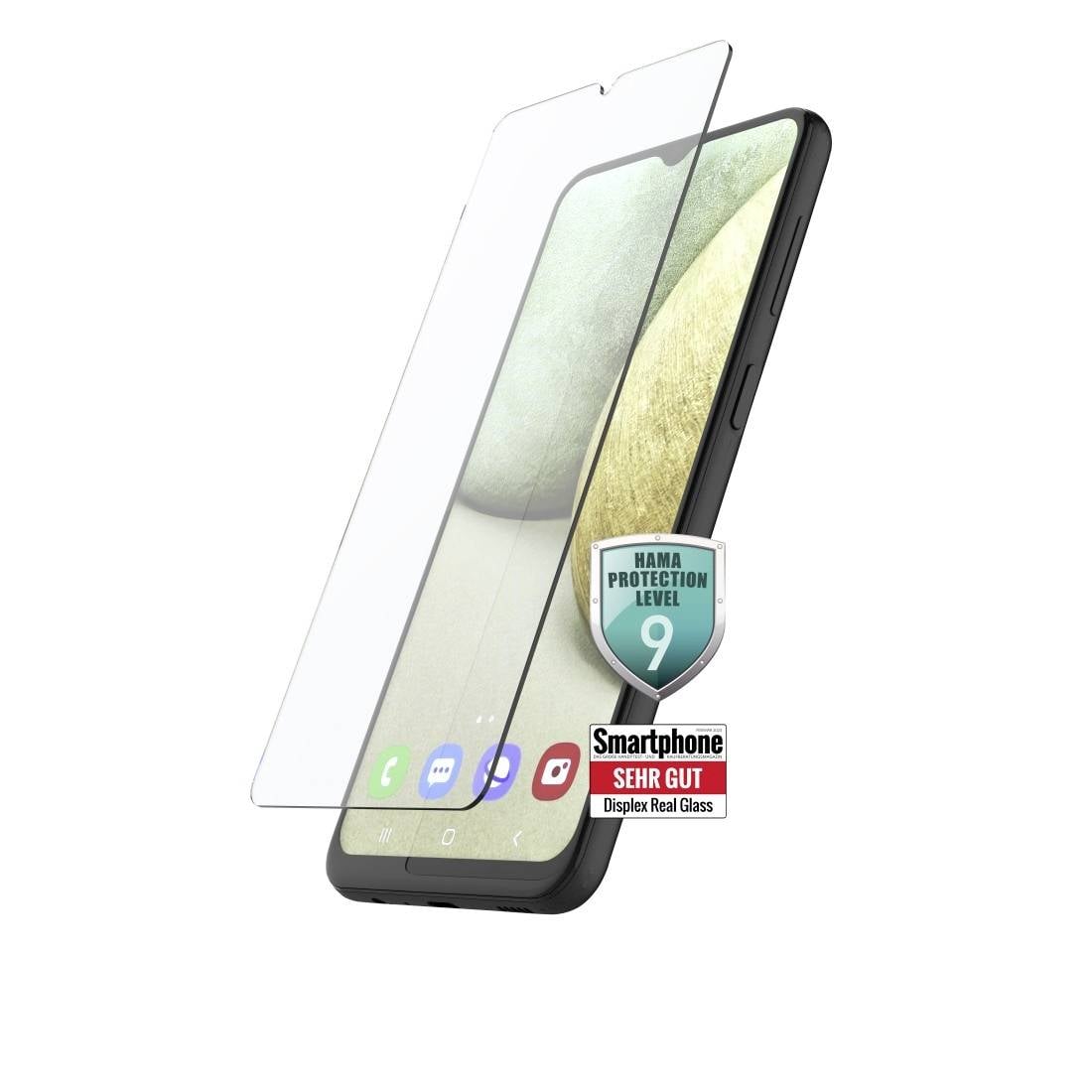 Smartphone with a tempered glass screen protector, protection level 9, next to a quality seal reading 'Smartphone VERY GOOD'.