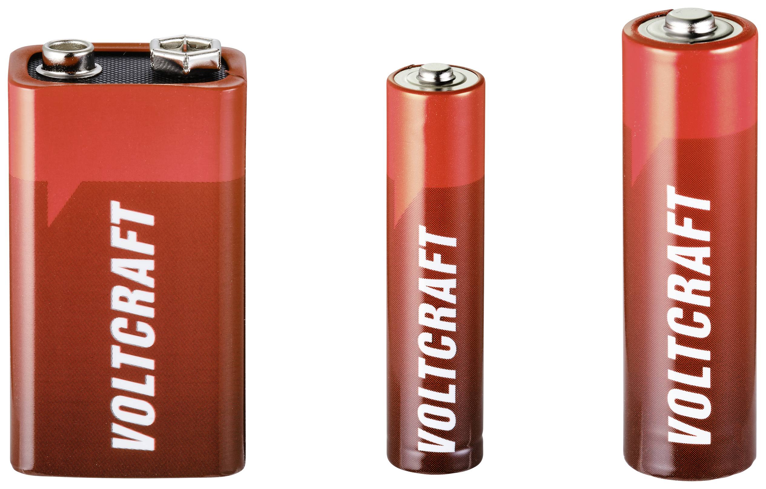 Three batteries of different sizes and shapes in red with the 'VOLTCRAFT' text. Left: block battery, centre and right: cylindrical batteries.
