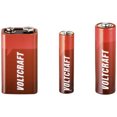 Three batteries of different sizes and shapes in red with the 'VOLTCRAFT' text. Left: block battery, centre and right: cylindrical batteries.