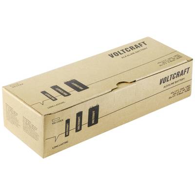 A brown cardboard box with the print 'Voltcraft' and 'Alkaline Battery'. Shows product details and symbols indicating extended durability.