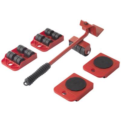 Red Furniture Moving Set with Lever Arm and Four Rolling Support Platforms. Helps with moving heavy items.
