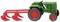 A green tractor with red wheels and a red plough attached, stands on a white background.