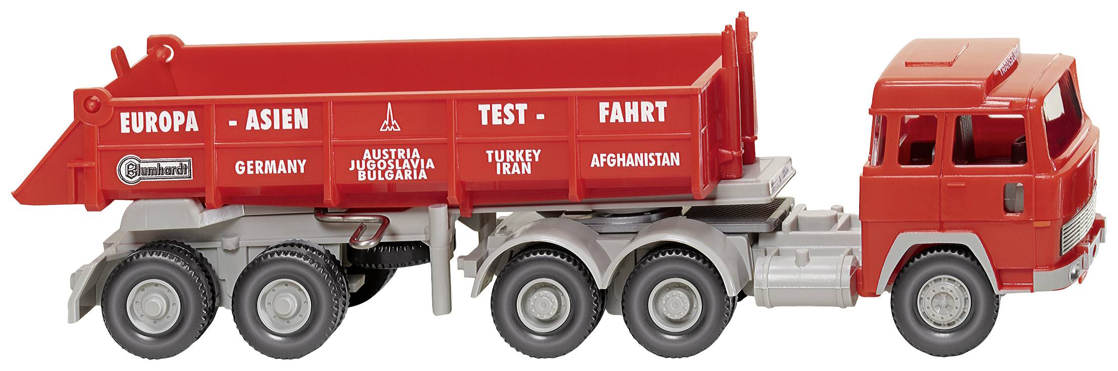 Image of Wiking 067708 H0 HGV Magirus Deutz Rear-Tipper box semi-trailer 235 D Europe-Asia test drive