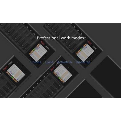 'Charger with display showing modes: Charge, Cycle, Activation, Discharge. Professional working modes.'