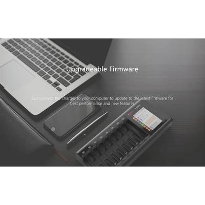 A charger with a digital display next to a laptop and smartphone. Text: 'Upgradeable Firmware' and instructions for firmware update.