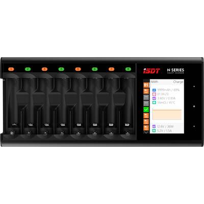 An intelligent charger with eight slots and a screen displays charging information such as voltage, current, and temperature.