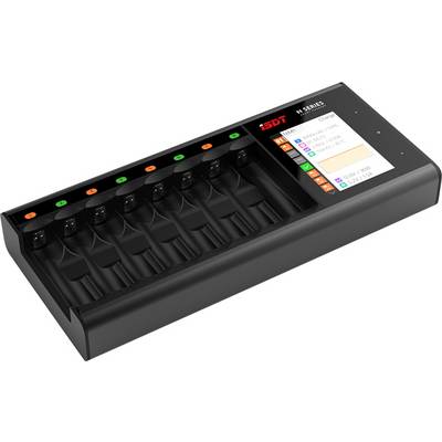 Battery charger with digital display, shows charging information for nine batteries in separate slots.