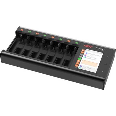 A black battery charger with eight slots. A display on the right shows charging information. Marking: 'ISDT N Series'.