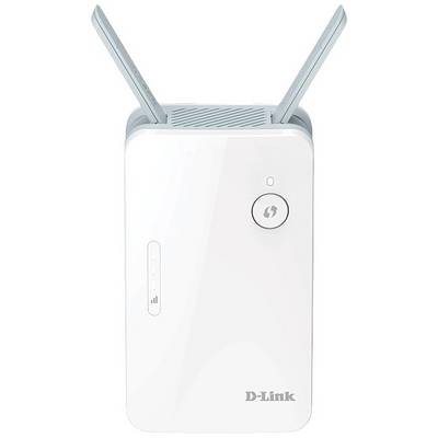 A white D-Link Wi-Fi repeater with two antenna-like protrusions on top and a round button on the front.