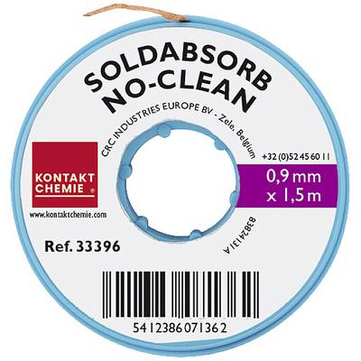 Round spool with inscription: 'SOLDABSORB NO-CLEAN'. Diameter: 0.9 mm, Length: 1.5 m. Contains contact information and a barcode.