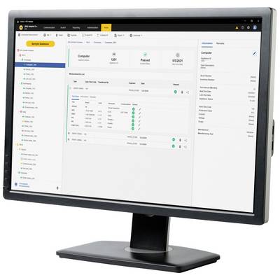 A computer monitor displays a software interface with a service dashboard. There are menu items such as 'Services', 'Computers', 'Passed' and details about databases.
