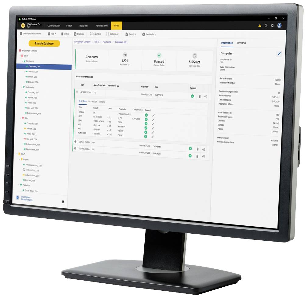 A monitor displays a software interface for monitoring service details, including computer status, inspection date, and user information.