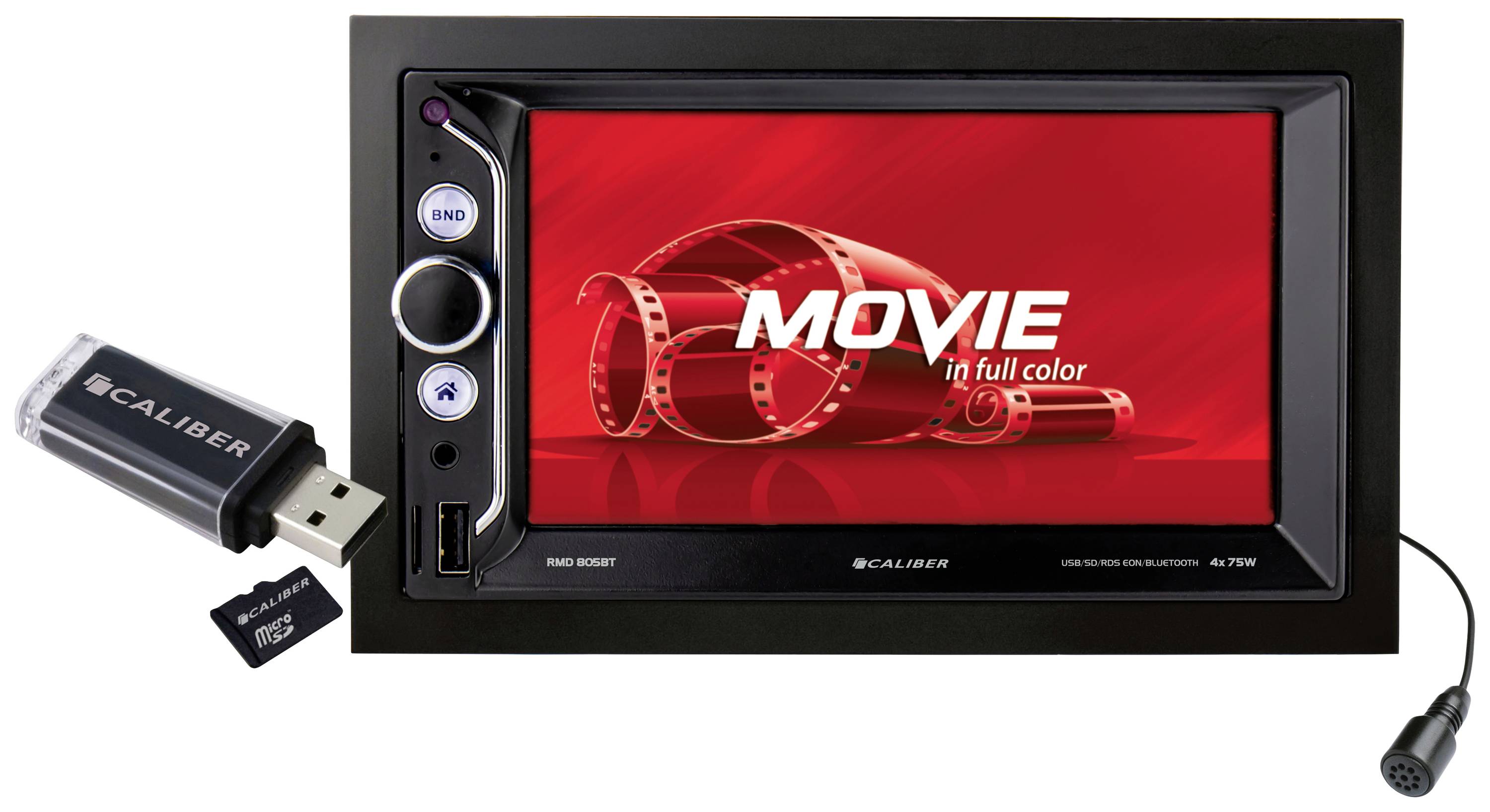 A car DVD player with a USB stick and SD card beside it, displaying a red screen with the word 'MOVIE' and a film reel symbol.