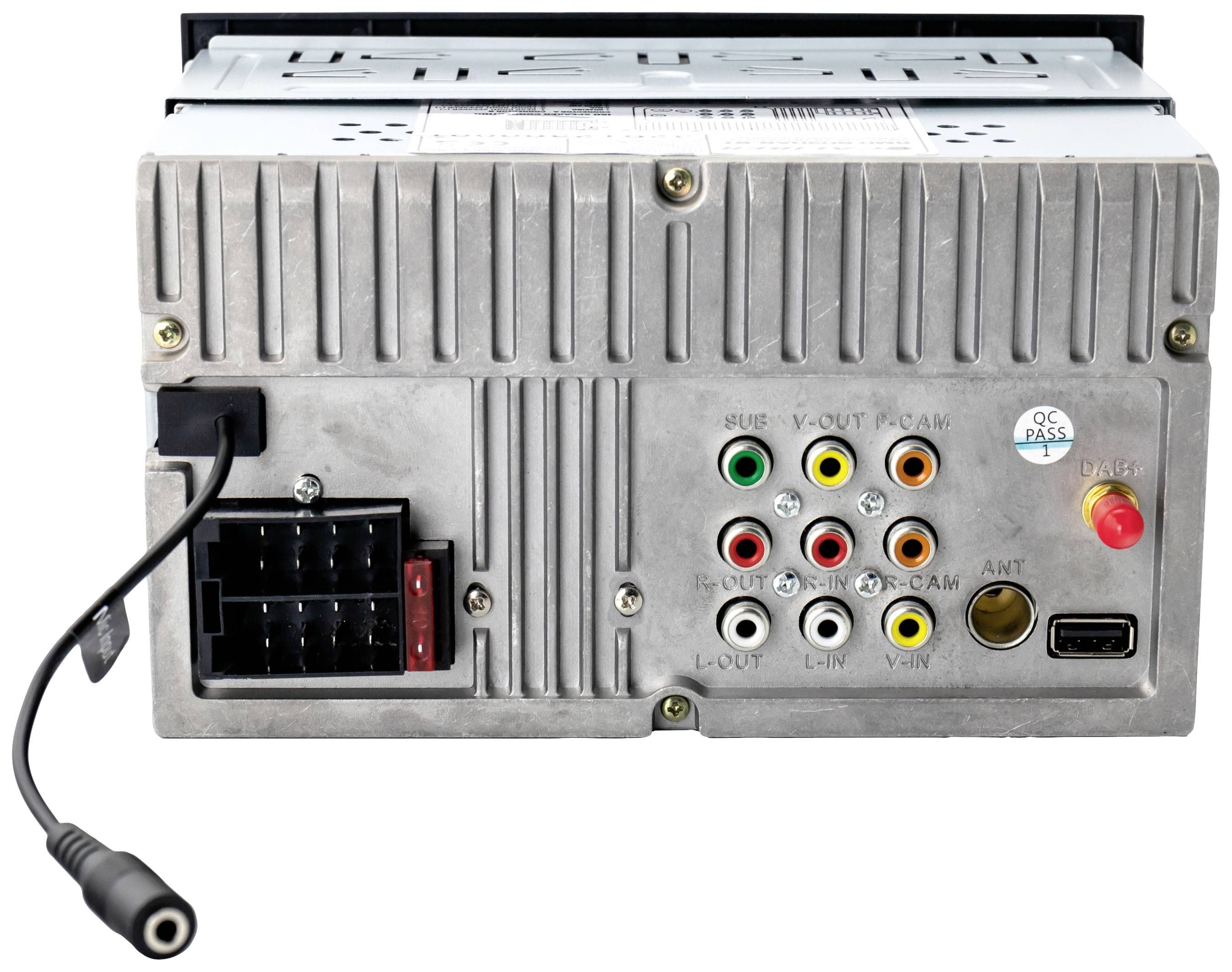 Rear view of a car radio with various connection sockets and cable options for speakers, power, and aerial.