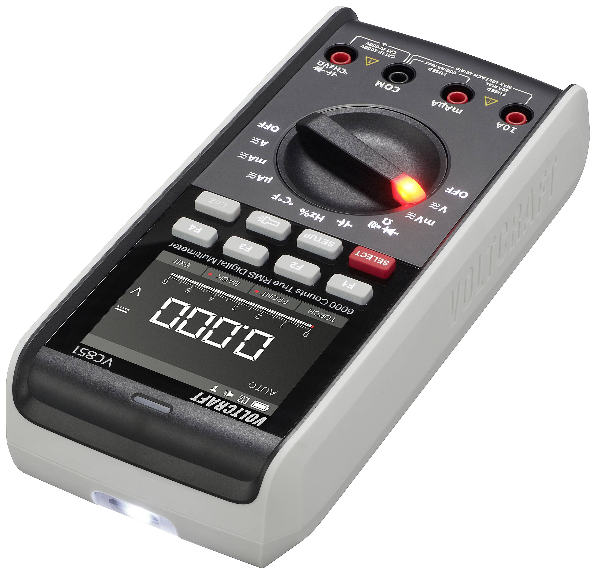 Digital multimeter with illuminated display showing zero value, rotary switch set to voltage measurement, multiple measurement options.