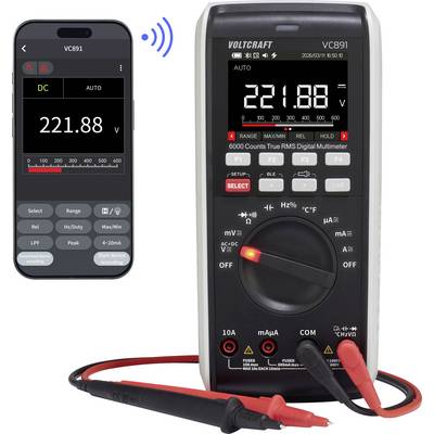 Smartphone app and VOLTCRAFT VC891 digital multimeter displaying 221.88 V DC, connected by Bluetooth with test probes attached.<br>