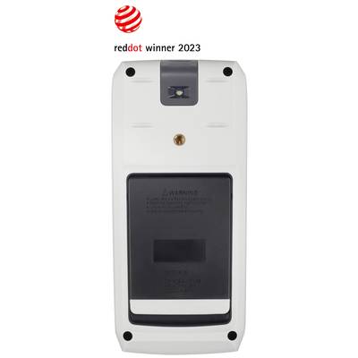 An electronic device with a 'reddot winner 2023' price tag at the top. The reverse side shows a battery compartment and a warning label.