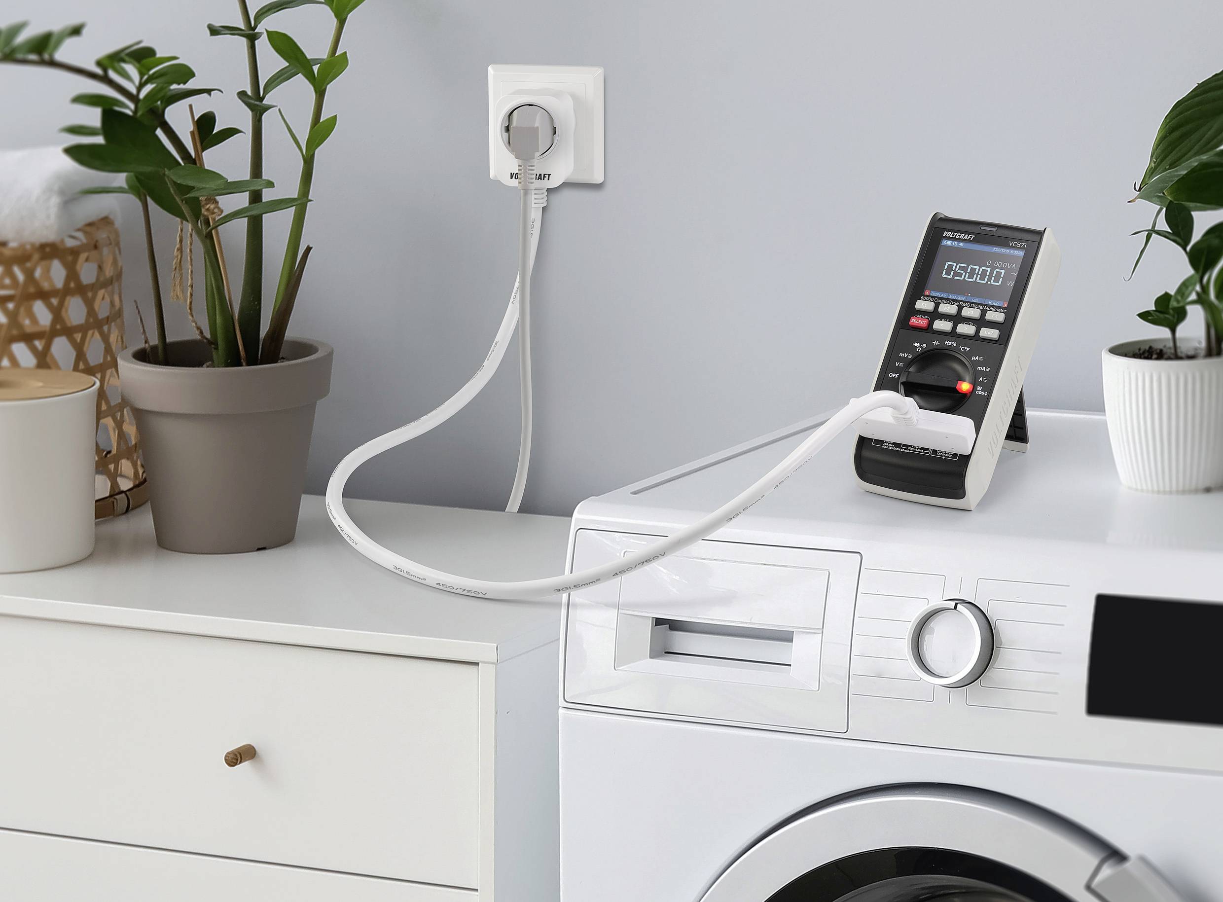 An electricity meter is connected to a power socket and a washing machine, displaying a reading. Plants and a chest of drawers are in the background.