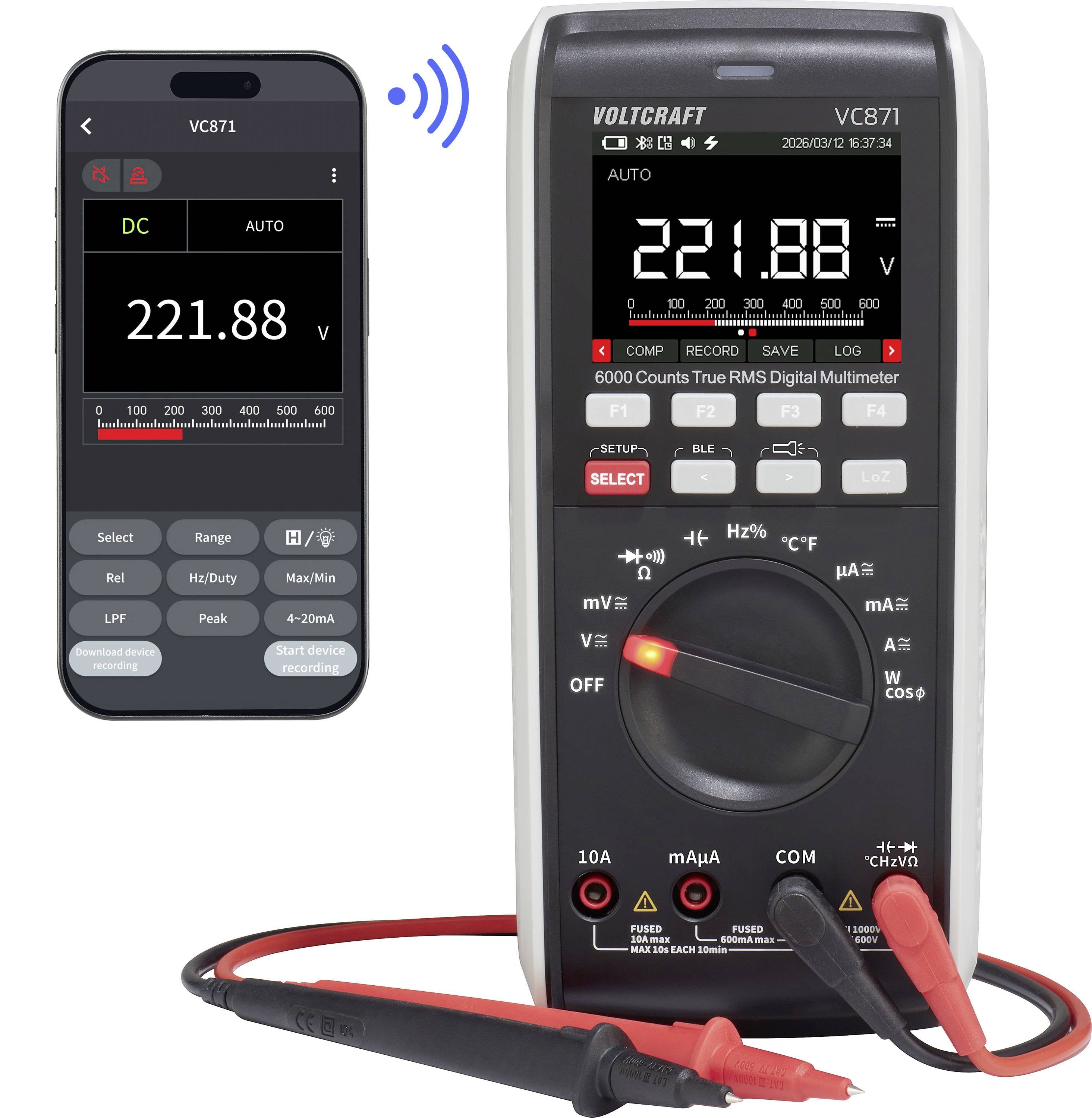 VOLTCRAFT VC871 Handheld multimeter Calibrated to (ISO standards) Digital Data logger, LoZ CAT III 1000 V, CAT IV 600 V 