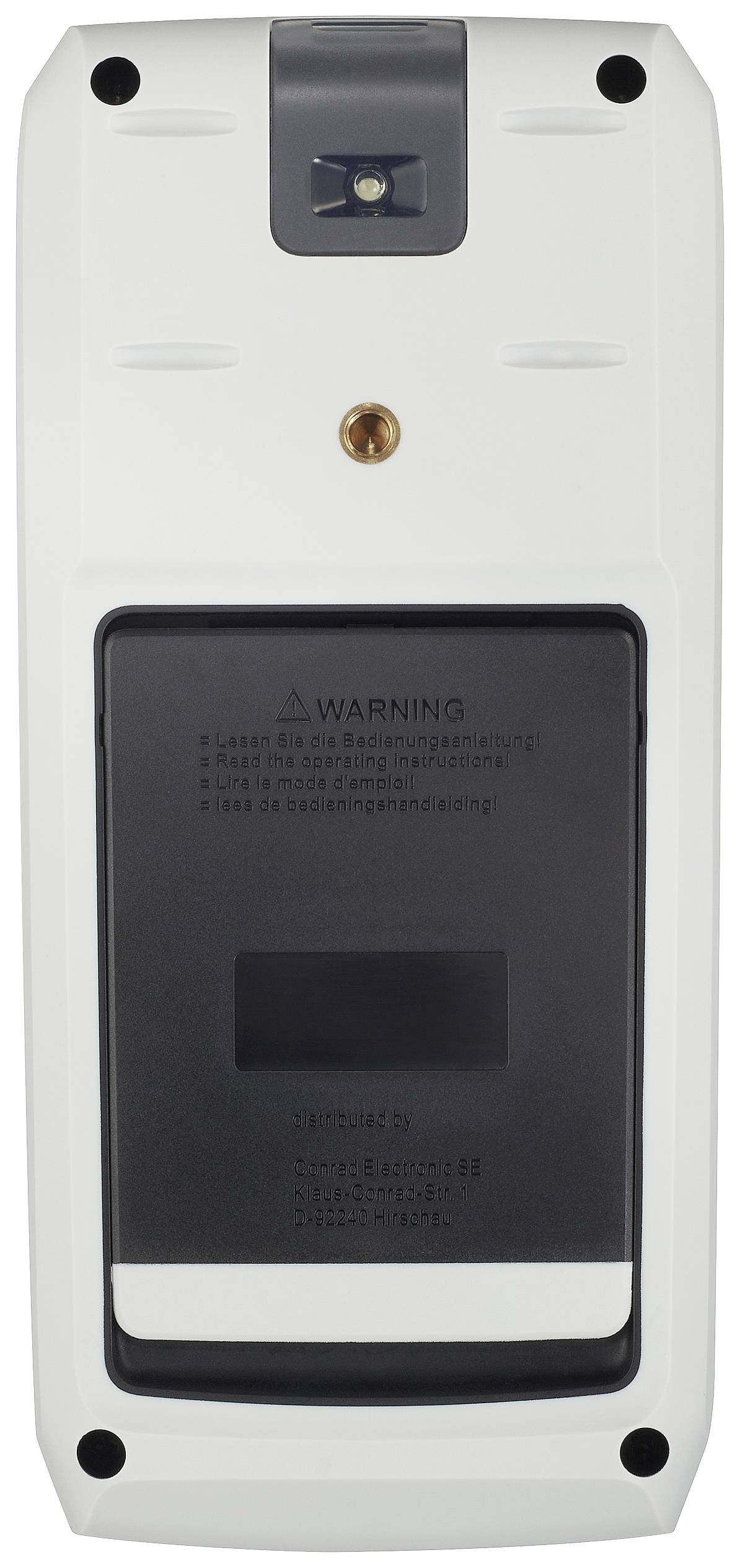 'Rear side of an electronic device with battery compartment and warning notices on top. White cover, black back plate, screws visible.'