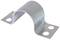 Metal strip holder with two fixing holes on each side, bent in a U-shape. Used for securing cables or pipes.