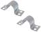 Two silver metal pipe clamps with two holes each flank an arch. They are suitable for securing pipes.