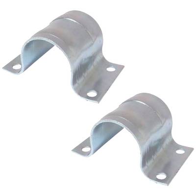 Two silver pipe clamps with holes for screw fastening, lying side by side, for securing pipes to surfaces.