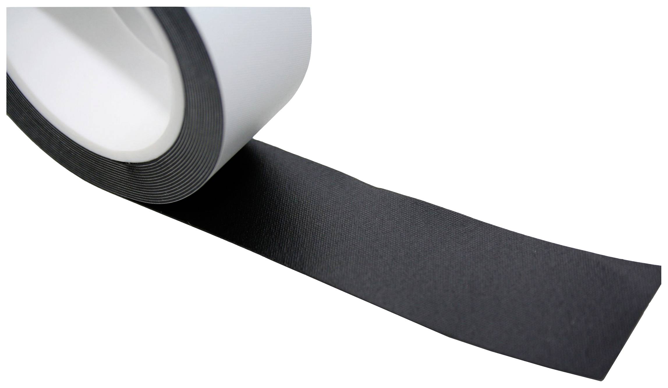A roll of black adhesive tape with a portion of the tape unrolled.