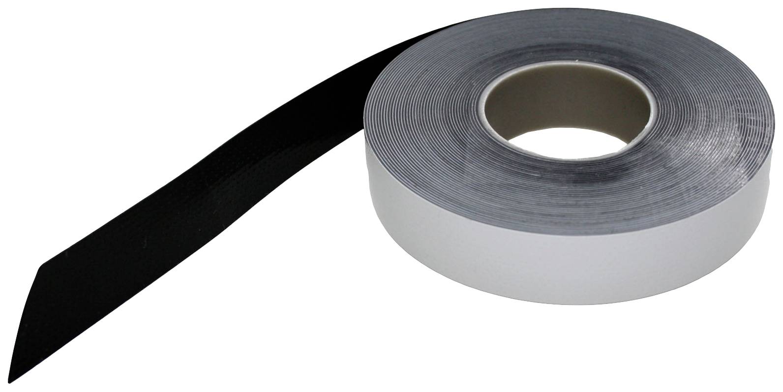 A roll of black hook-and-loop tape, partially unrolled, lying on a white surface.