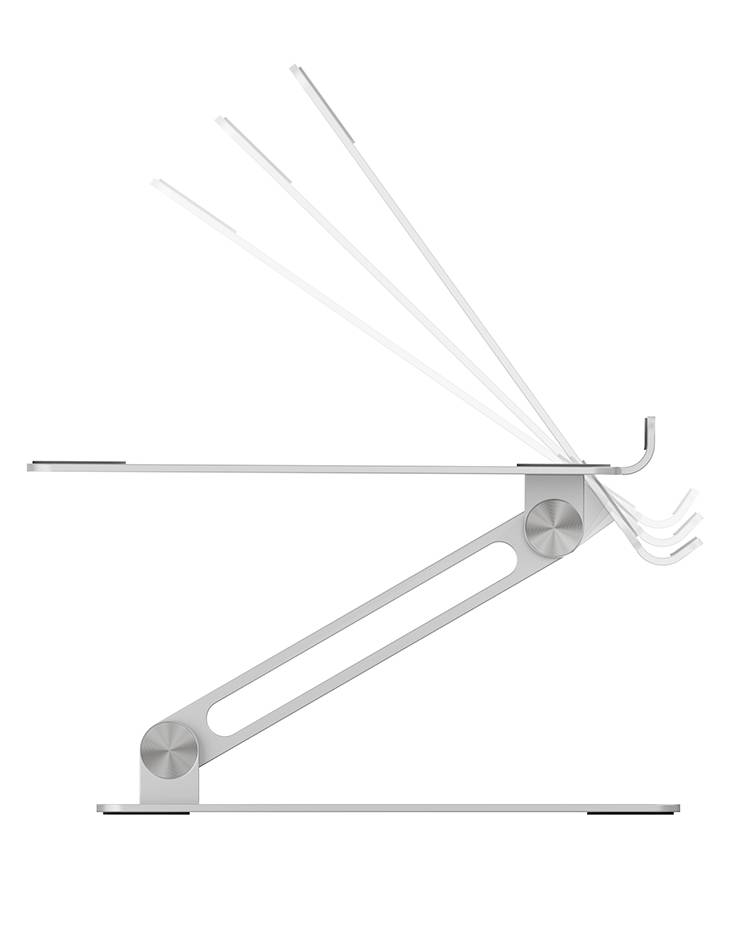 Laptop stand with adjustable aluminium arm, showing four possible positions to enhance working comfort.