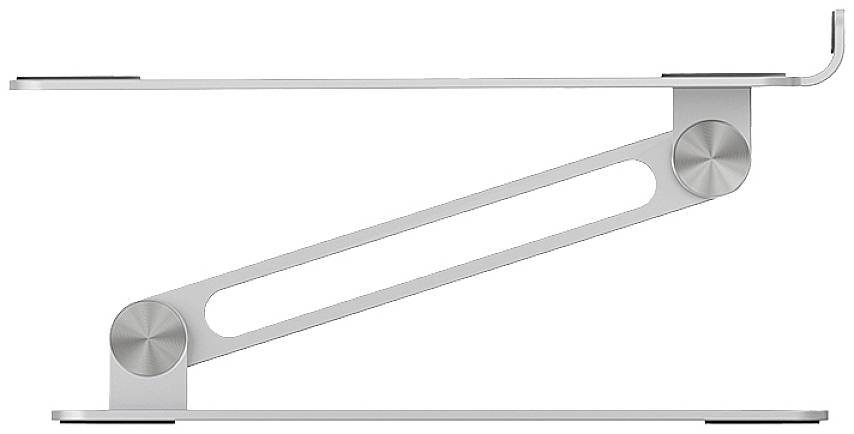Silver laptop stand with adjustable hinges and minimalist design, side view.