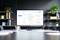 Meeting room with a large screen displaying project planning software. Shelves with plants and folders in the background.