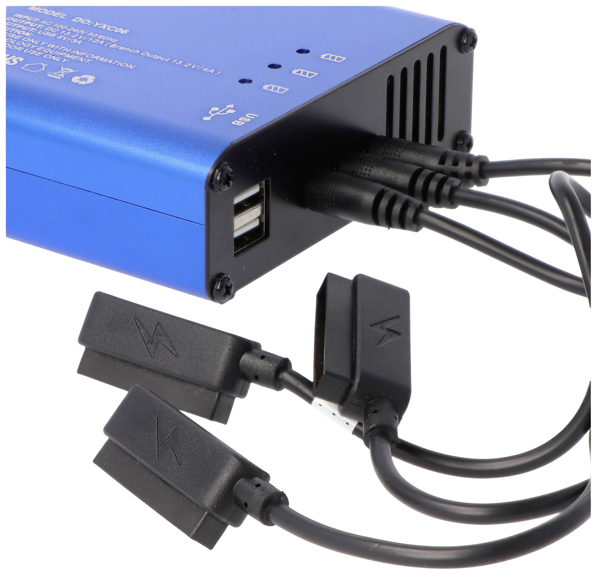 A blue multi-port charger with four black cables connected, each featuring different plug types.