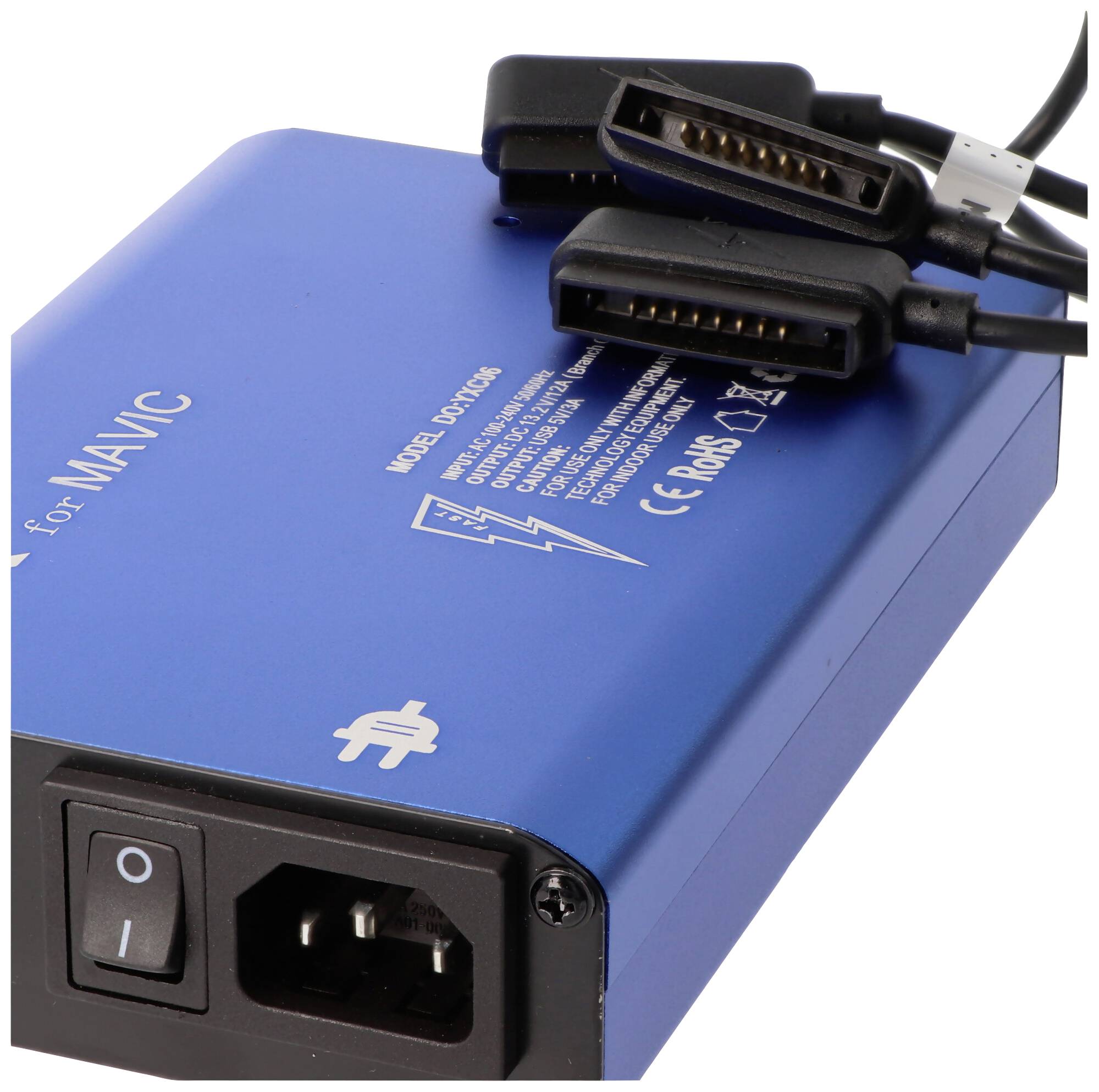 Charger for MAVIC drone with blue surface and multiple charging ports. Power switch on the front.