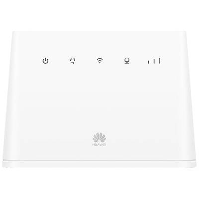 A white router with symbols for power, internet connection, Wi-Fi, and signal strength on the front. Huawei logo at the bottom.