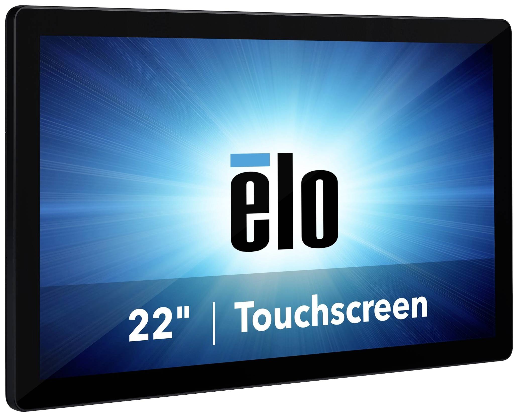 A black 22-inch touchscreen monitor with a blue background and the 'elo' logo. The text '22" Touchscreen' is visible.