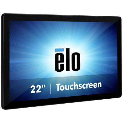 A black 22-inch touchscreen monitor with a blue background and the 'elo' logo. The text '22" Touchscreen' is visible.