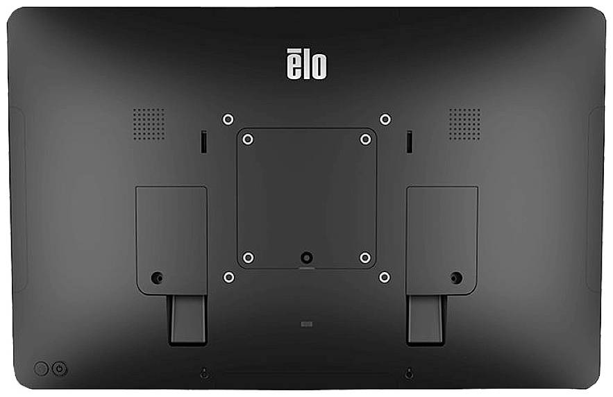 Back of a large black monitor with mounting points and integrated speaker, brand visible at the top.