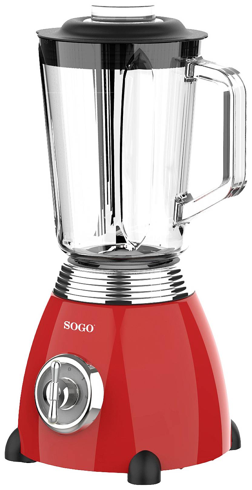 A red stand mixer with a transparent glass jug and stainless steel details.