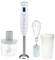 White hand blender with multiple attachments: whisk, mixing beaker and chopper. Suitable for versatile kitchen tasks.
