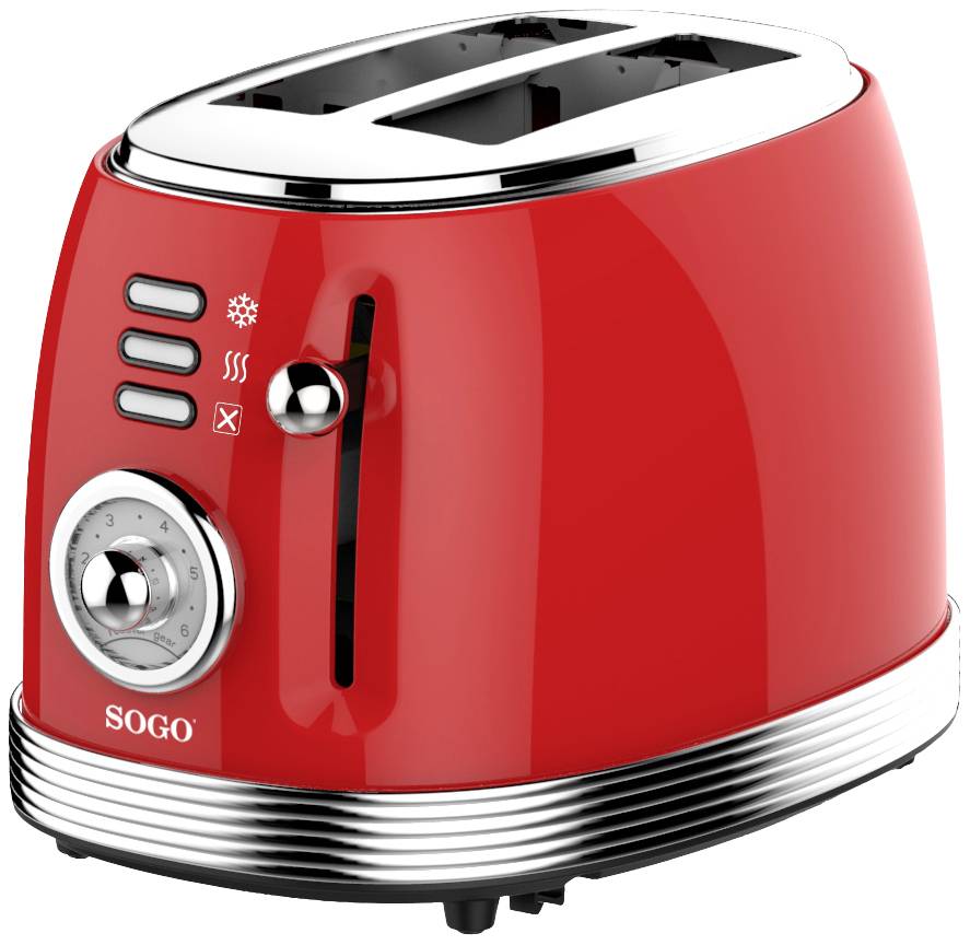 Red two-slice toaster with three function buttons and a dial for adjusting browning levels, brand 'SOGO'.