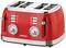 Red four-slice toaster with two controls, one for adjusting the browning level and another for selecting functions. The brand is clearly visible on the front.