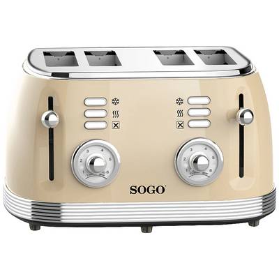 Beige toaster with four slots and two rotary knobs for adjusting the browning level, with the 'SOGO' logo underneath.