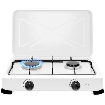 A white gas stove with two hobs, one with a blue flame. The background is plain.