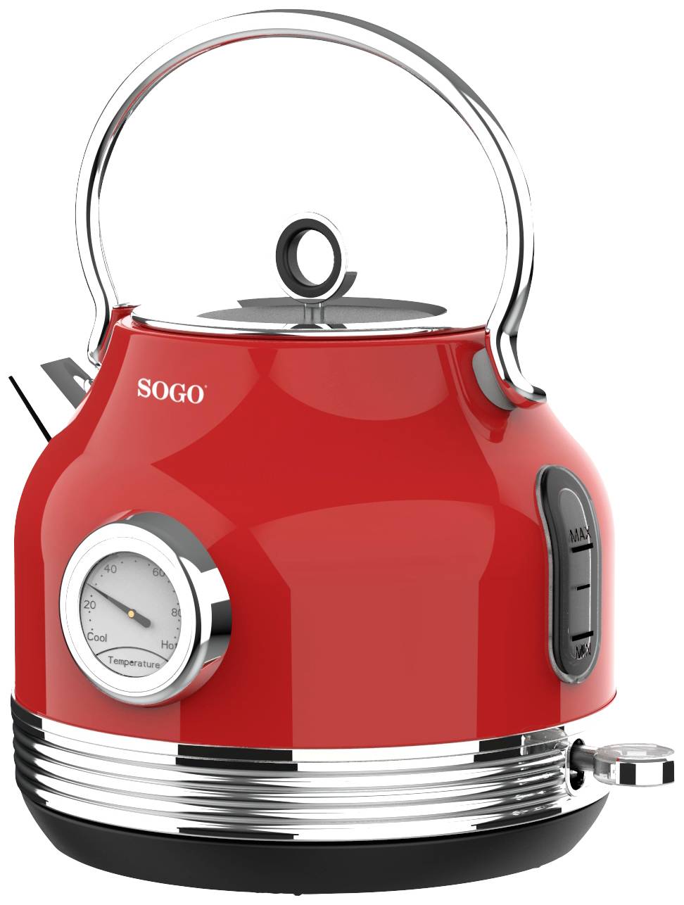 A red kettle with temperature display, maximum water level indicator, and silver handle.
