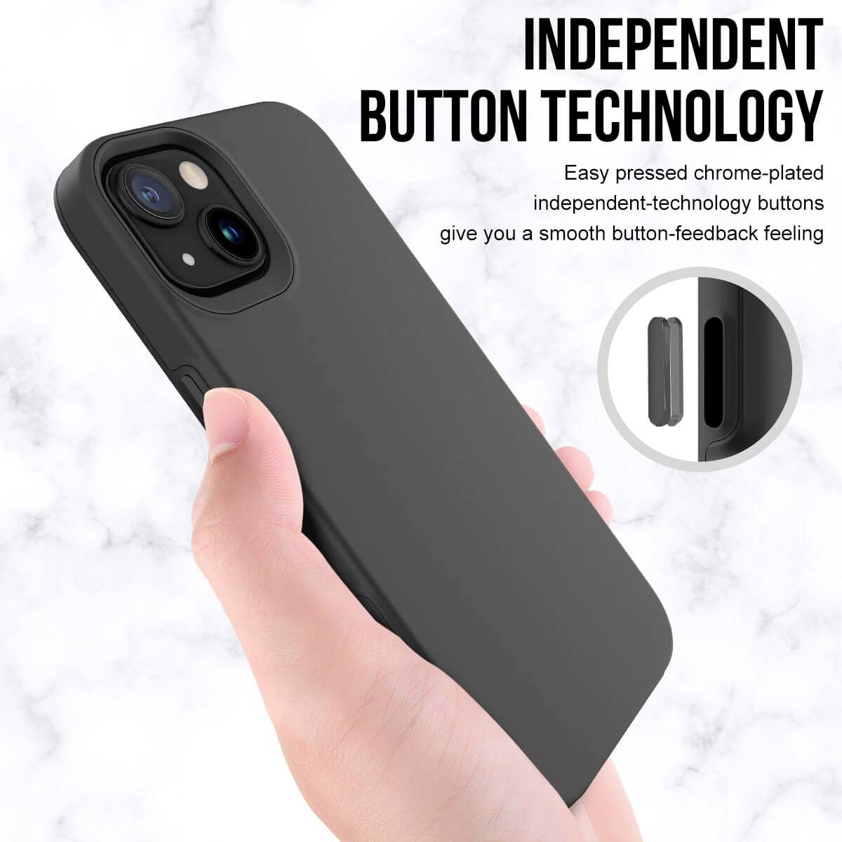 A hand is holding a black smartphone in a case. The text describes 'independent button technology' and the comfortable pressing sensation.