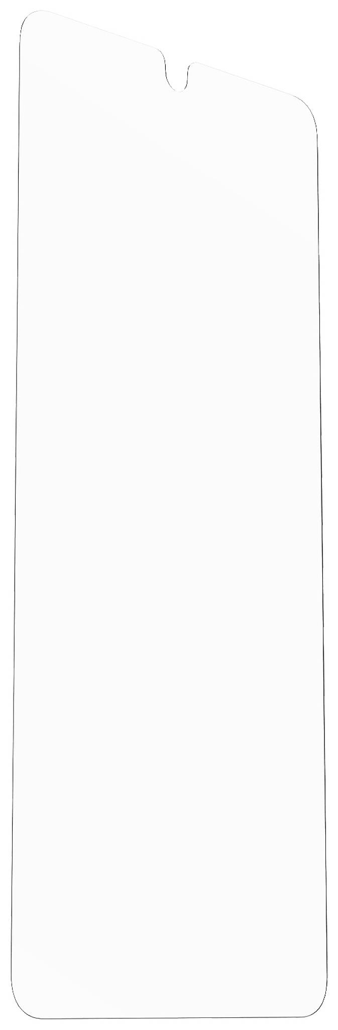 A transparent display protector for a mobile phone, rectangular with a small cut-out at the top edge.